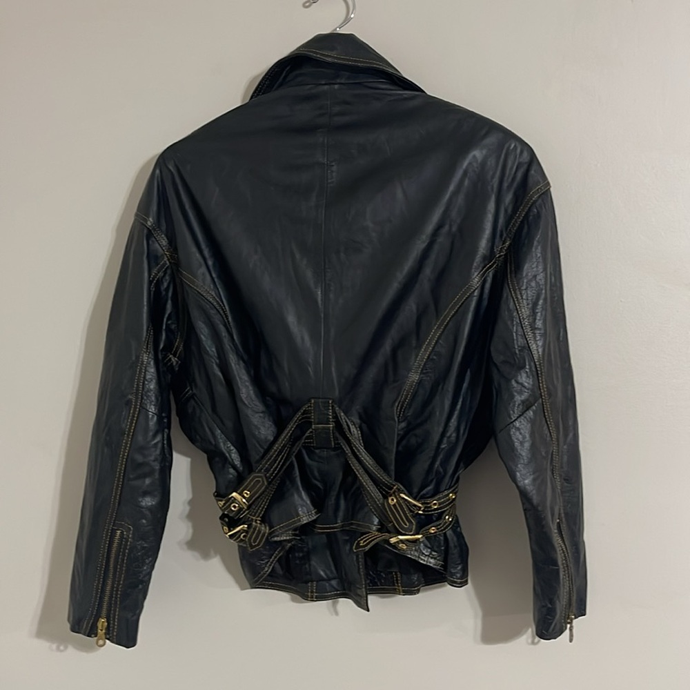 Studio sienna Vintage Black Leather Motorcycle Jacket Gold Detail Women's - Picture 7 of 8